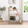 Golden Mobile Bar Serving Cart with Wine Rack and Glass Holder, 3-tier Shelves, Metal Frame and Temper Glass