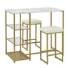 TREXM 3-piece Modern Pub Set with Faux Marble Countertop and Bar Stools; White/Gold