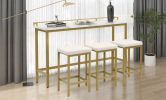 TOPMAX Modern 4-Piece Counter Height Extra Long Console Dining Table Set Bar Kitchen Set with 3 Fabric Stools; Gold+Beige