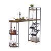 Bar table with bottle holder and glass holder; multifunctional high bar table; can hold 8 bottles of wine and 9 glasses; with side storage.(Rustic Bro