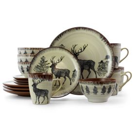 Elama Majestic Elk 16 Piece Luxurious Stoneware Dinnerware with Complete Setting for 4