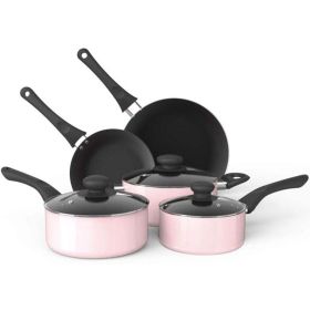 Aluminum Nonstick Cookware Set; Pots & Pans - 8 Piece Set (Color: Pink, Material: aluminum alloy)